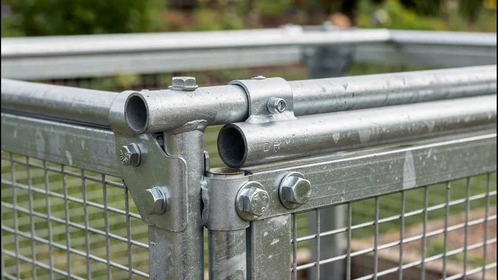 Détail de la structure en tubes acier galvanisé d'une volière avec assemblage boulonné