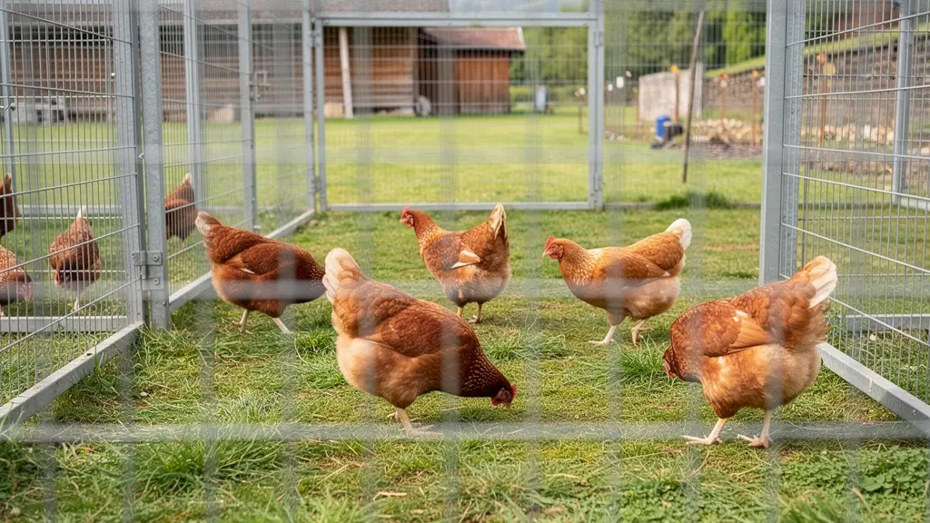 Plusieurs poules se déplaçant librement dans un enclos spacieux avec parcours herbeux