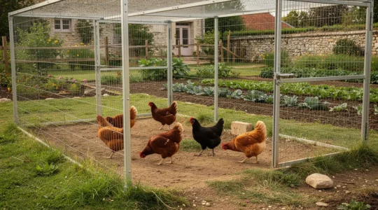 Volière extérieure spacieuse avec poules pondeuses dans jardin rural français