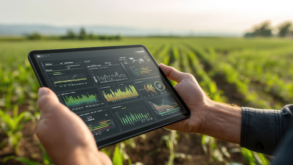 Technicien agricole et viticulteur consultant un écran de traçabilité dans un chai