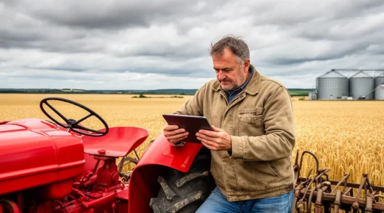 Agriculteur consultant une tablette numérique appuyé contre son tracteur dans une exploitation céréalière