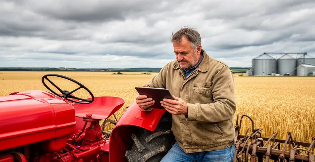 Agriculteur consultant une tablette numérique appuyé contre son tracteur dans une exploitation céréalière