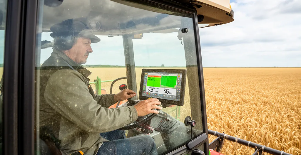 Conducteur d'engin agricole utilisant un écran embarqué dans la cabine d'une moissonneuse-batteuse