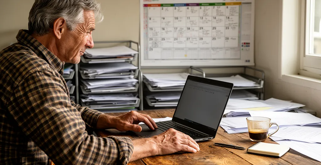 Exploitant agricole consultant un logiciel de gestion parcellaire sur ordinateur portable