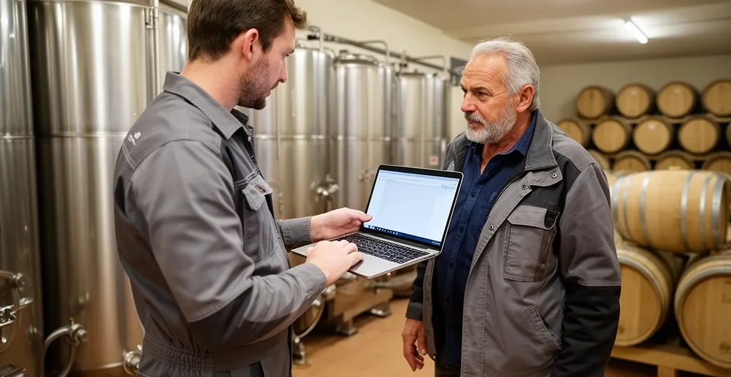 Technicien agricole et viticulteur consultant un écran de traçabilité dans un chai