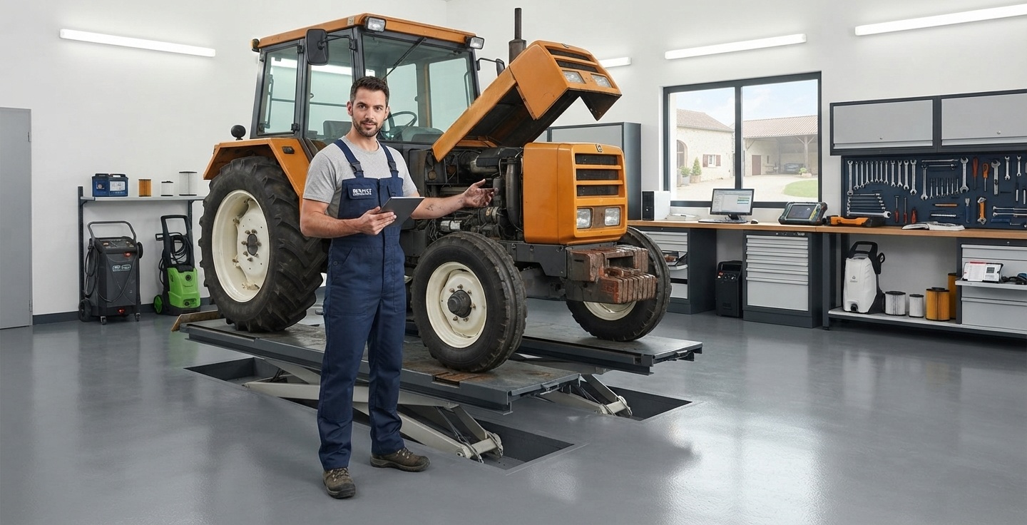 Gros plan sur des mains de mécanicien serrant un écrou du moteur d'un tracteur avec une clé à douille dans un atelier.
