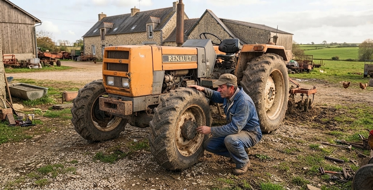 Un agriculteur accroupi vérifiant les pneus et l'essieu avant d'un tracteur d'occasion sur une cour de ferme.